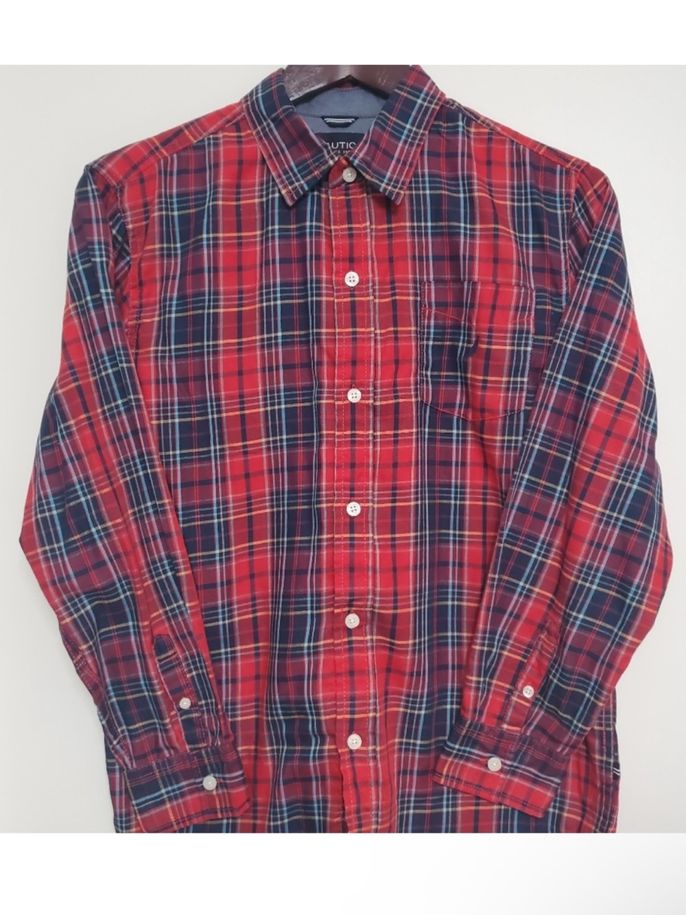 Nautica Boys Red Blue Tartan Plaid Long Sleeve Button Down Shirt L (14/16)